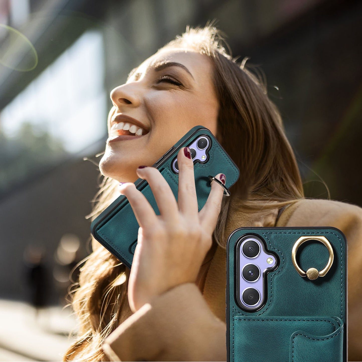 001 For Samsung Galaxy A54 5G Card Holder Phone Case Ring Kickstand Anti-drop PU Leather+TPU Cover