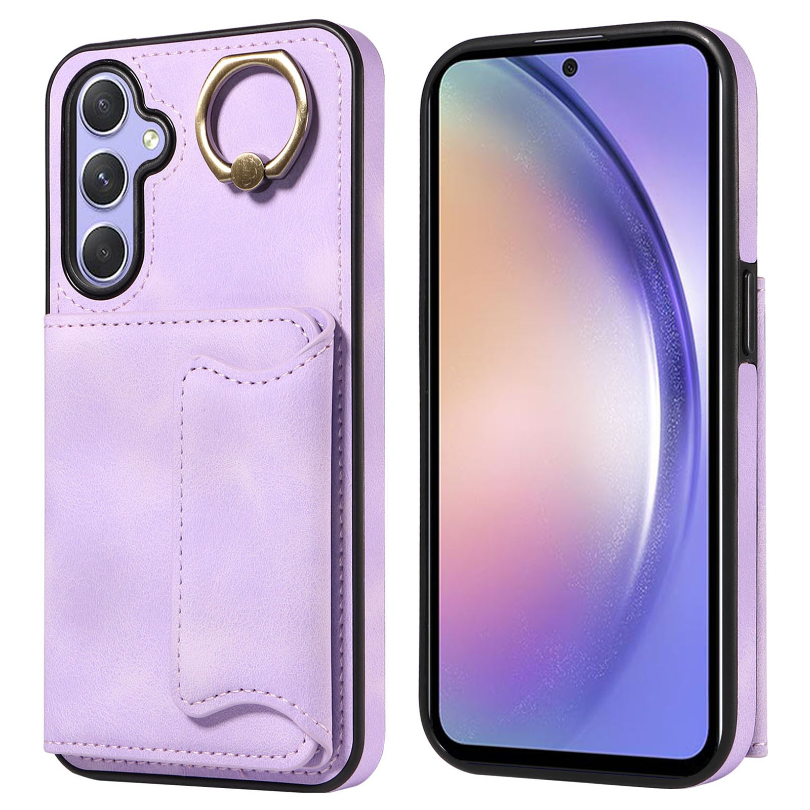 001 For Samsung Galaxy A54 5G Card Holder Phone Case Ring Kickstand Anti-drop PU Leather+TPU Cover