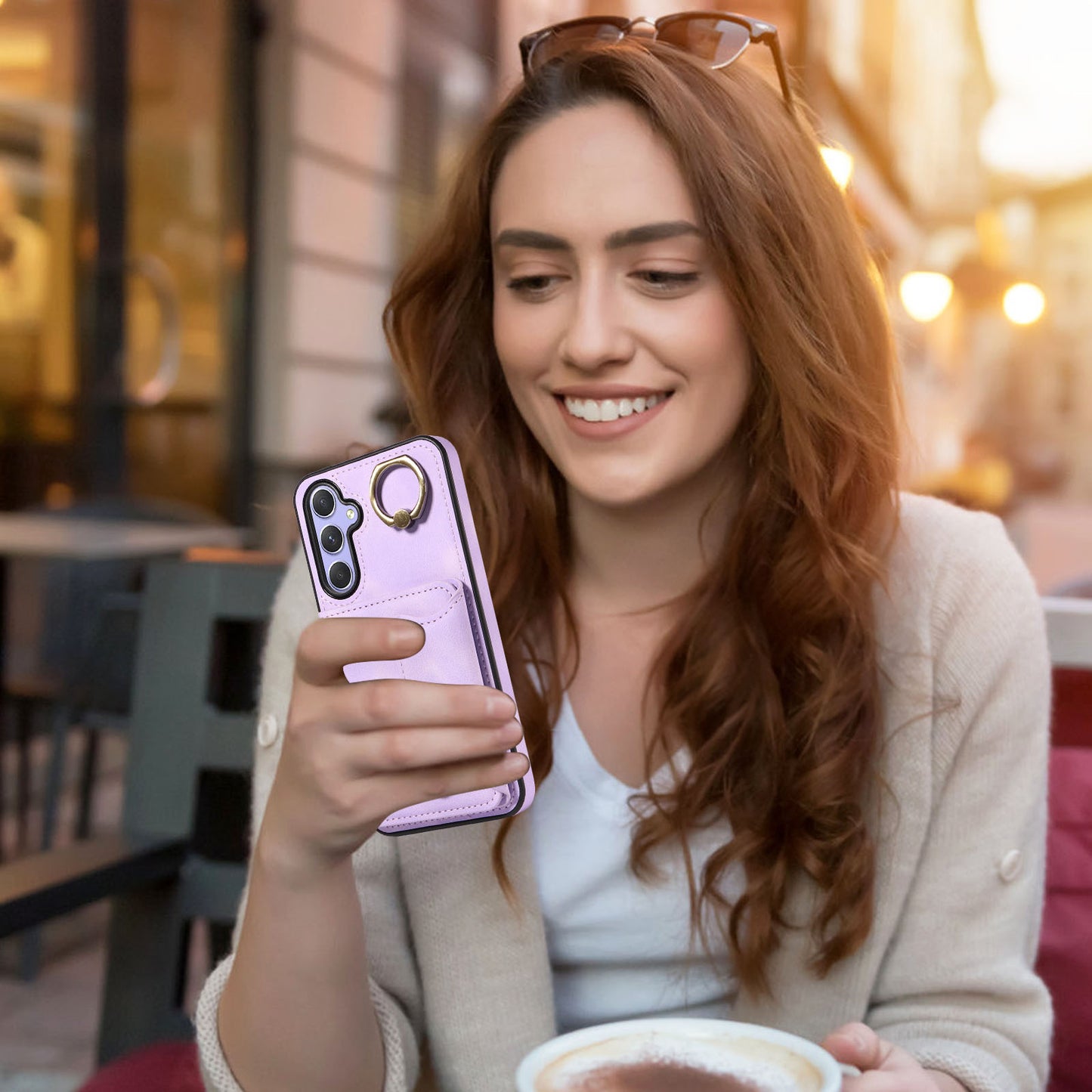 001 For Samsung Galaxy A54 5G Card Holder Phone Case Ring Kickstand Anti-drop PU Leather+TPU Cover