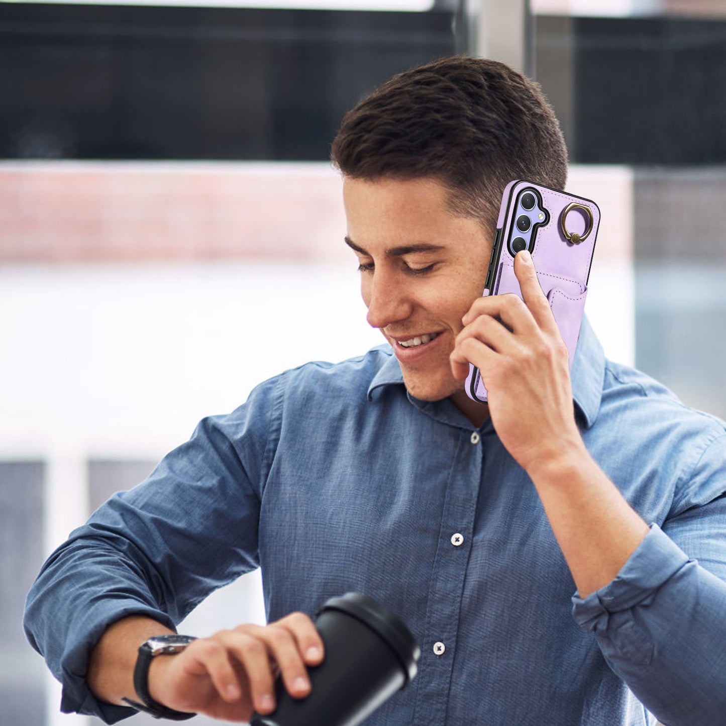 001 For Samsung Galaxy A54 5G Card Holder Phone Case Ring Kickstand Anti-drop PU Leather+TPU Cover