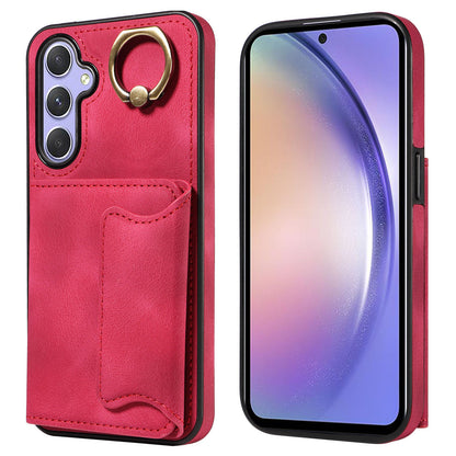 001 For Samsung Galaxy A54 5G Card Holder Phone Case Ring Kickstand Anti-drop PU Leather+TPU Cover