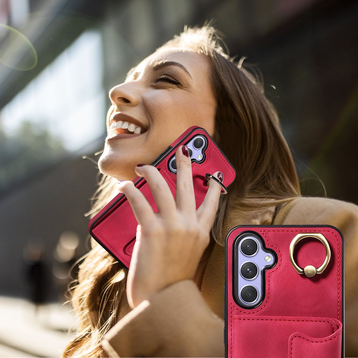 001 For Samsung Galaxy A54 5G Card Holder Phone Case Ring Kickstand Anti-drop PU Leather+TPU Cover