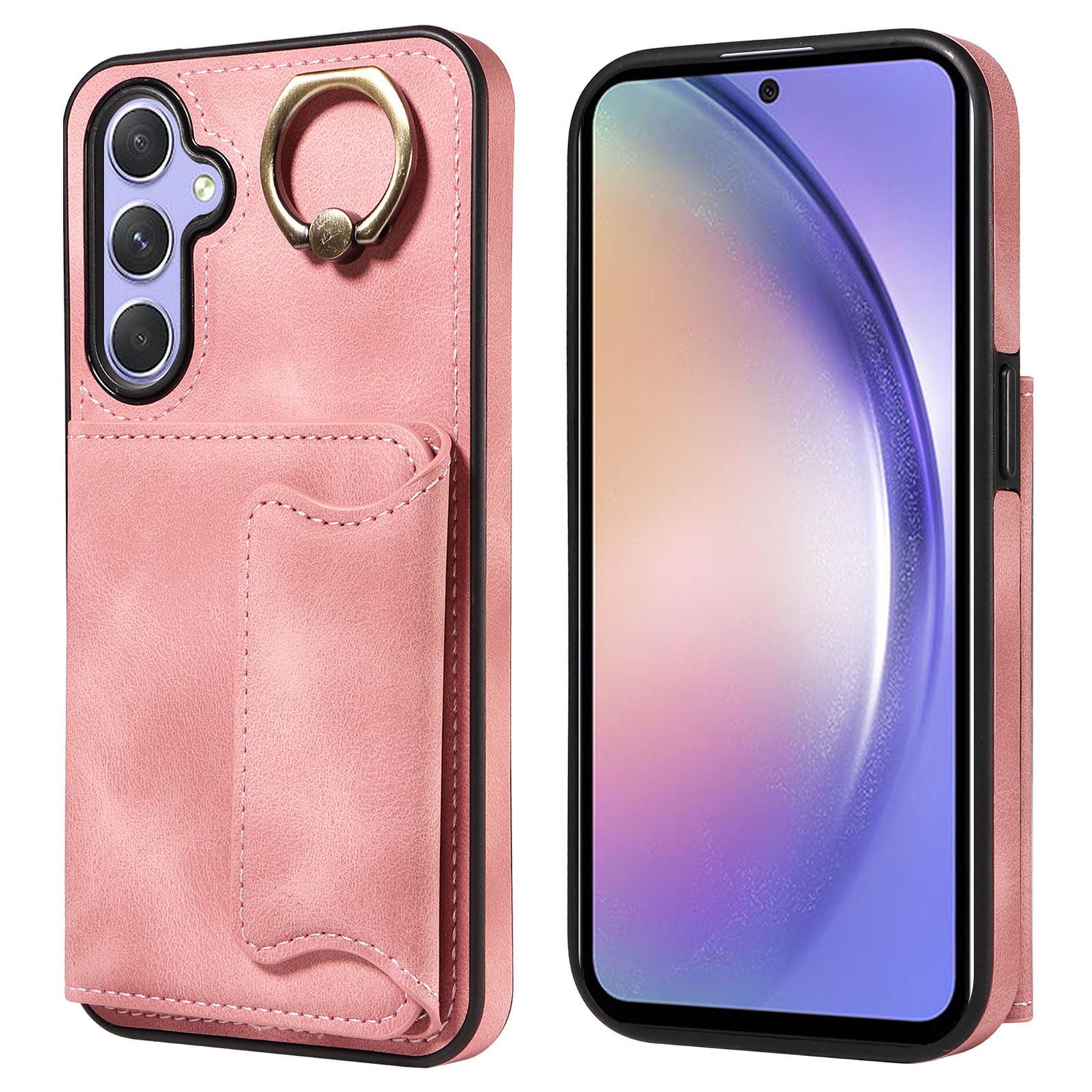 001 For Samsung Galaxy A54 5G Card Holder Phone Case Ring Kickstand Anti-drop PU Leather+TPU Cover