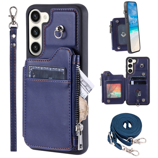 009 Zipper Wallet Case for Samsung Galaxy S23+ , RFID Blocking PU Leather Coated TPU Kickstand Phone Cover with Straps