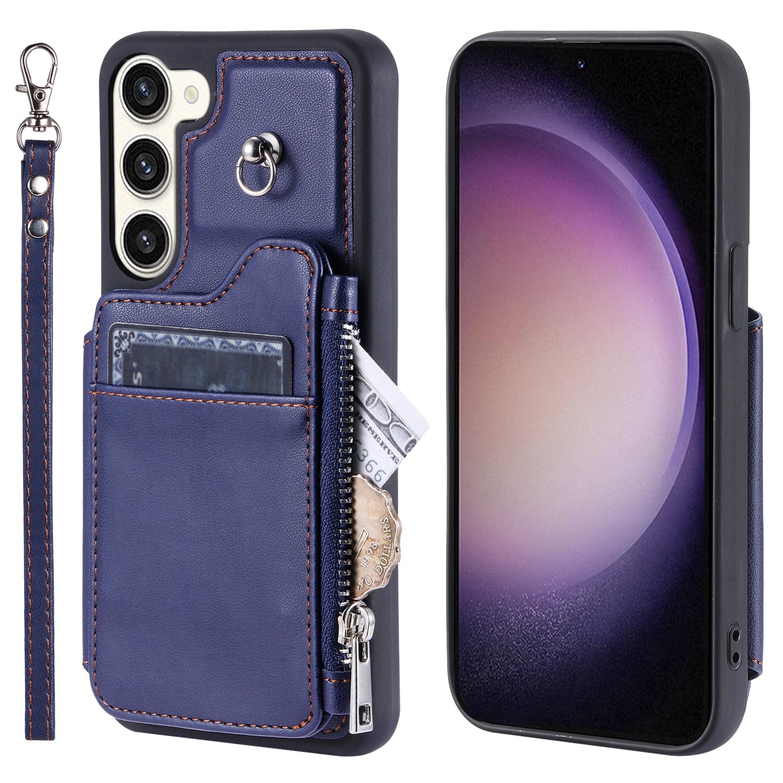 009 For Samsung Galaxy S23+ PU Leather Coated TPU Phone Case RFID Blocking Zipper Wallet Kickstand Cover with Wrist Strap
