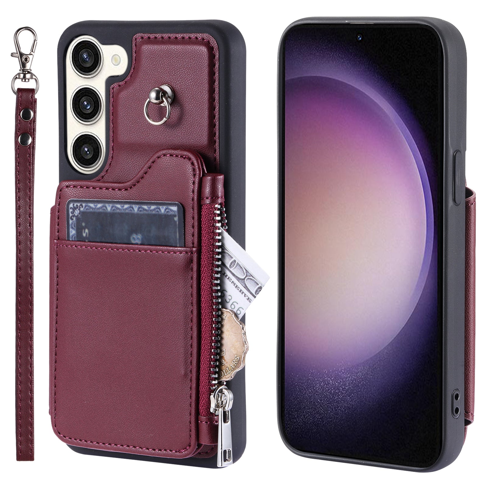 009 For Samsung Galaxy S23+ PU Leather Coated TPU Phone Case RFID Blocking Zipper Wallet Kickstand Cover with Wrist Strap