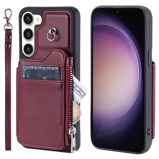 009 For Samsung Galaxy S23+ PU Leather Coated TPU Phone Case RFID Blocking Zipper Wallet Kickstand Cover with Wrist Strap
