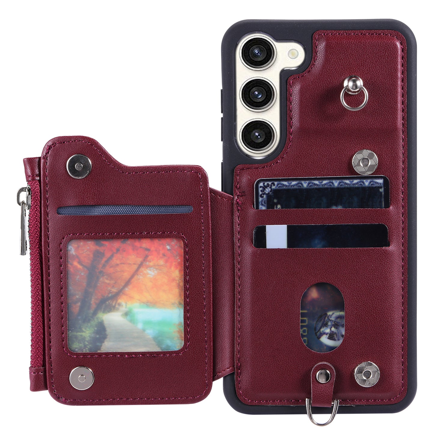 009 For Samsung Galaxy S23+ PU Leather Coated TPU Phone Case RFID Blocking Zipper Wallet Kickstand Cover with Wrist Strap