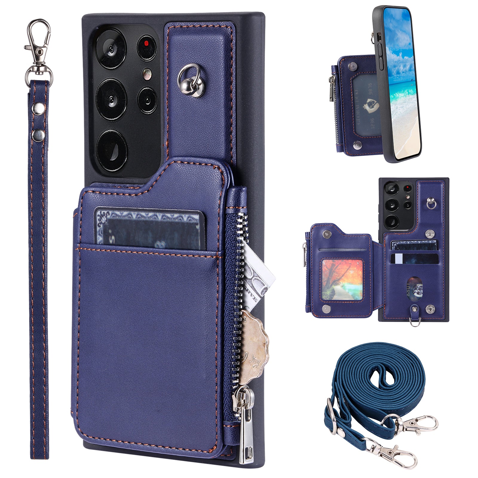 009 RFID Blocking Wallet Case for Samsung Galaxy S23 Ultra , PU Leather Coated TPU Kickstand Zipper Phone Cover with Straps