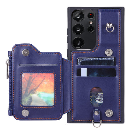 009 RFID Blocking Wallet Case for Samsung Galaxy S23 Ultra , PU Leather Coated TPU Kickstand Zipper Phone Cover with Straps