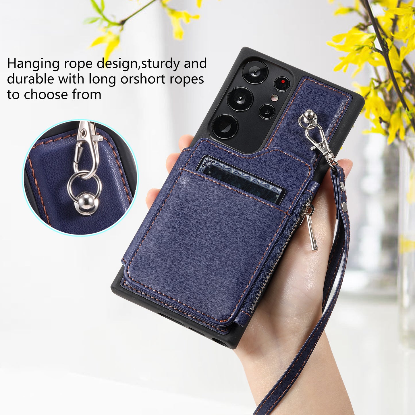 009 RFID Blocking Wallet Case for Samsung Galaxy S23 Ultra , PU Leather Coated TPU Kickstand Zipper Phone Cover with Straps