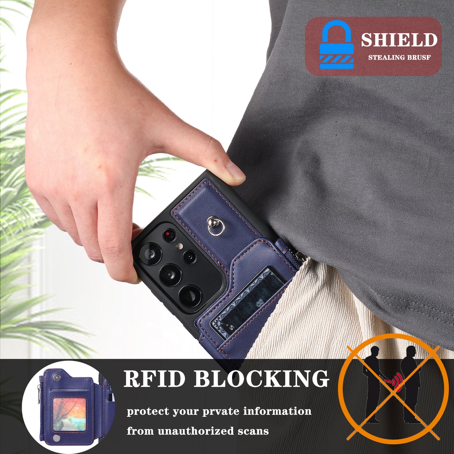 009 RFID Blocking Wallet Case for Samsung Galaxy S23 Ultra , PU Leather Coated TPU Kickstand Zipper Phone Cover with Straps