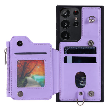 009 RFID Blocking Wallet Case for Samsung Galaxy S23 Ultra , PU Leather Coated TPU Kickstand Zipper Phone Cover with Straps