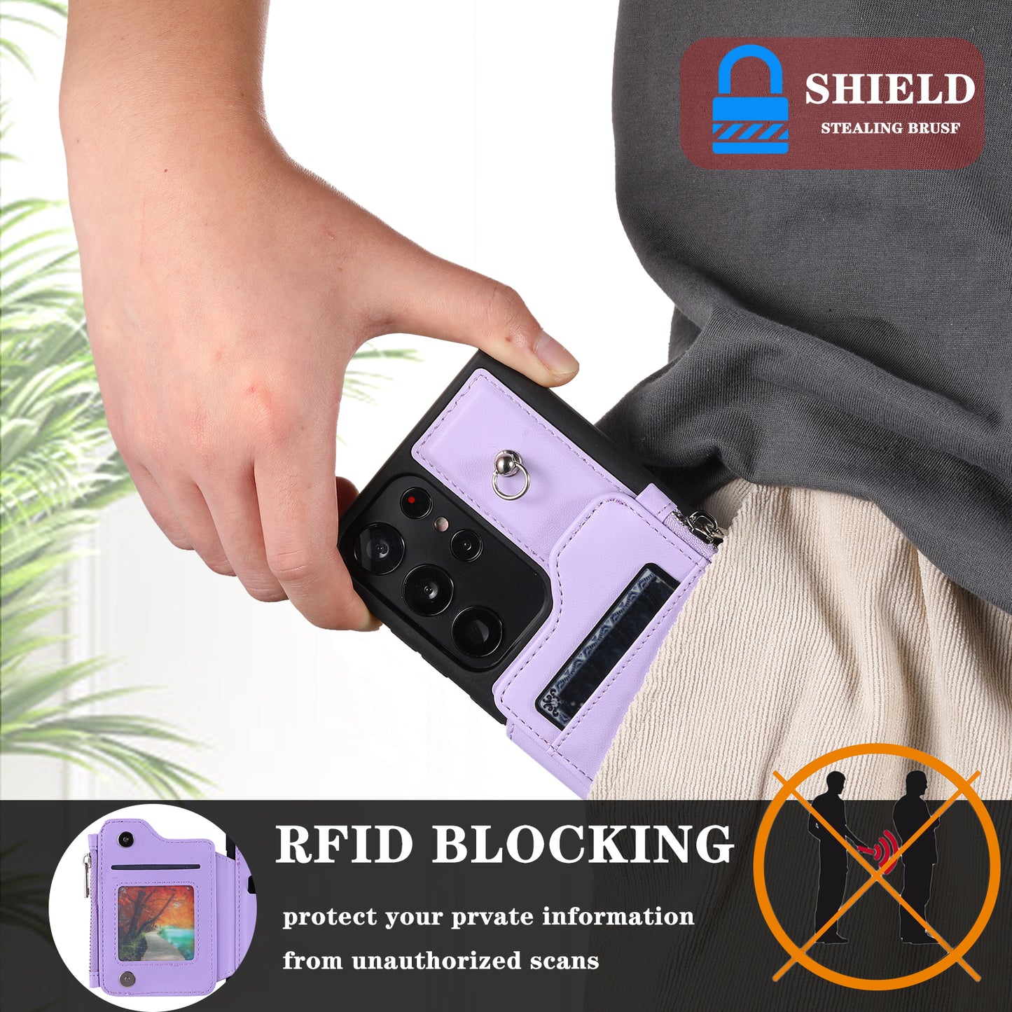 009 RFID Blocking Wallet Case for Samsung Galaxy S23 Ultra , PU Leather Coated TPU Kickstand Zipper Phone Cover with Straps