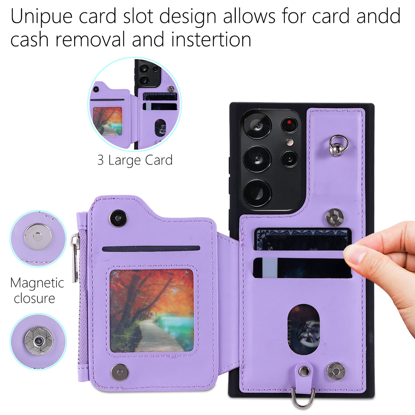 009 RFID Blocking Wallet Case for Samsung Galaxy S23 Ultra , PU Leather Coated TPU Kickstand Zipper Phone Cover with Straps