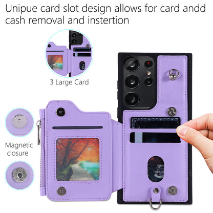 009 RFID Blocking Wallet Case for Samsung Galaxy S23 Ultra , PU Leather Coated TPU Kickstand Zipper Phone Cover with Straps