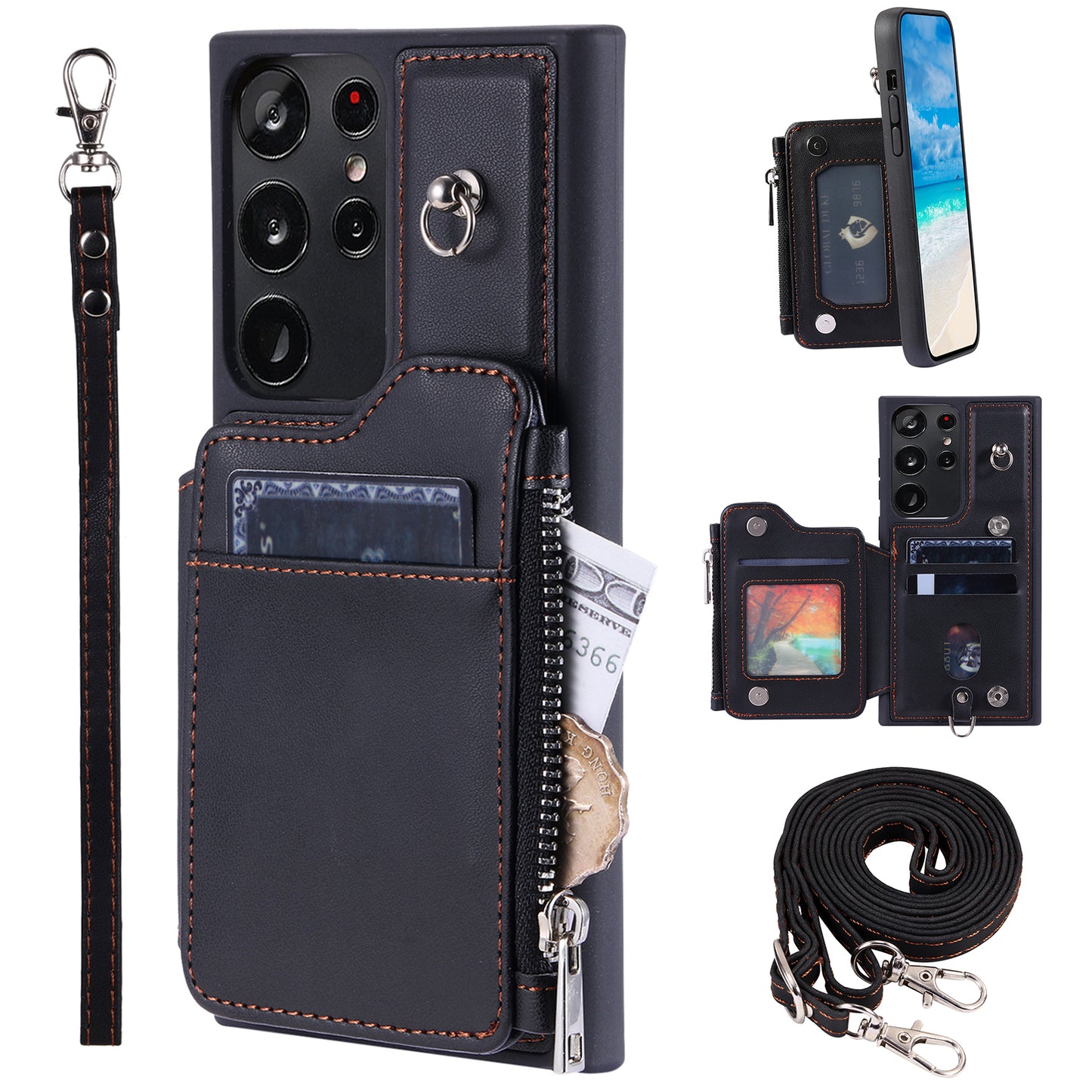 009 RFID Blocking Wallet Case for Samsung Galaxy S23 Ultra , PU Leather Coated TPU Kickstand Zipper Phone Cover with Straps