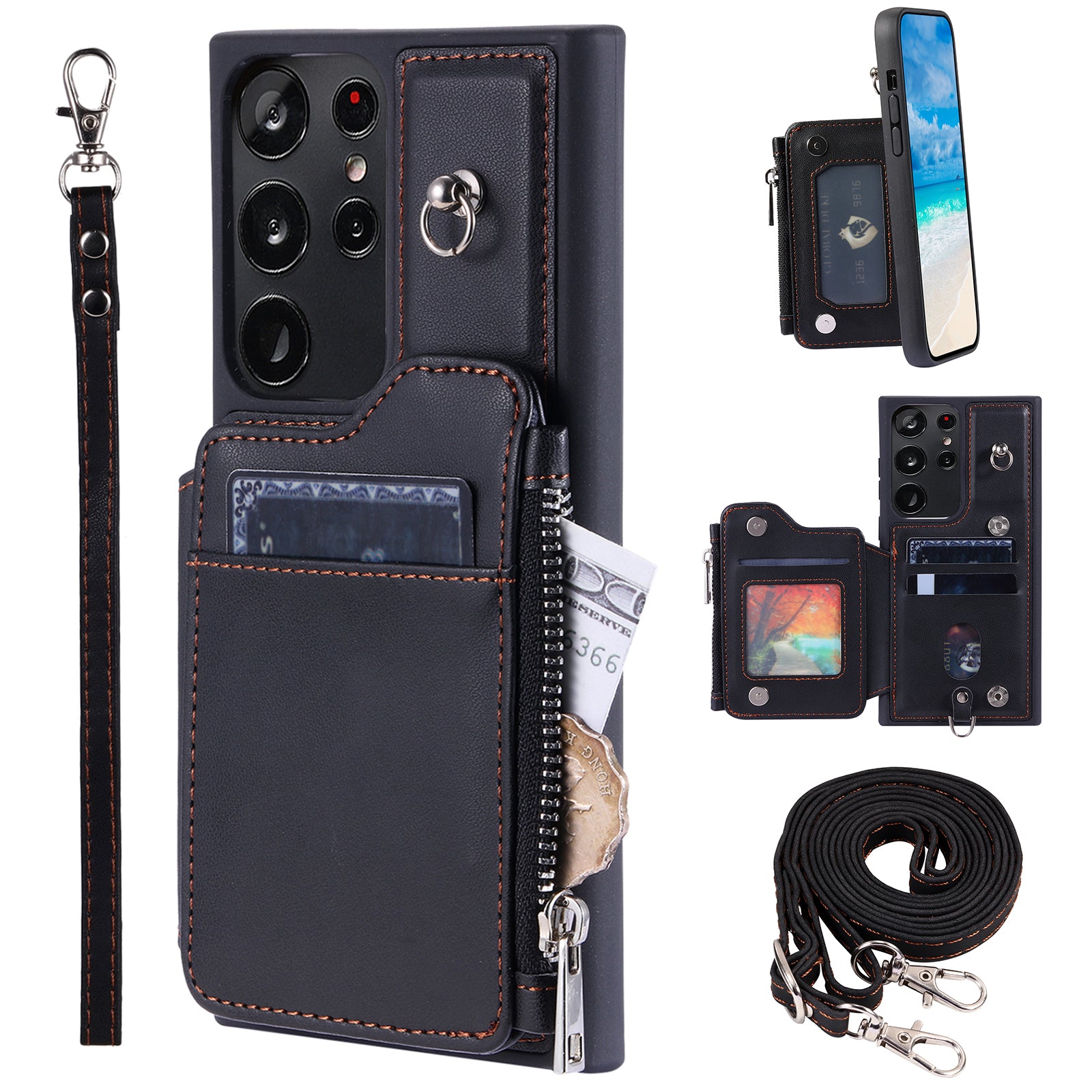 009 RFID Blocking Wallet Case for Samsung Galaxy S23 Ultra , PU Leather Coated TPU Kickstand Zipper Phone Cover with Straps
