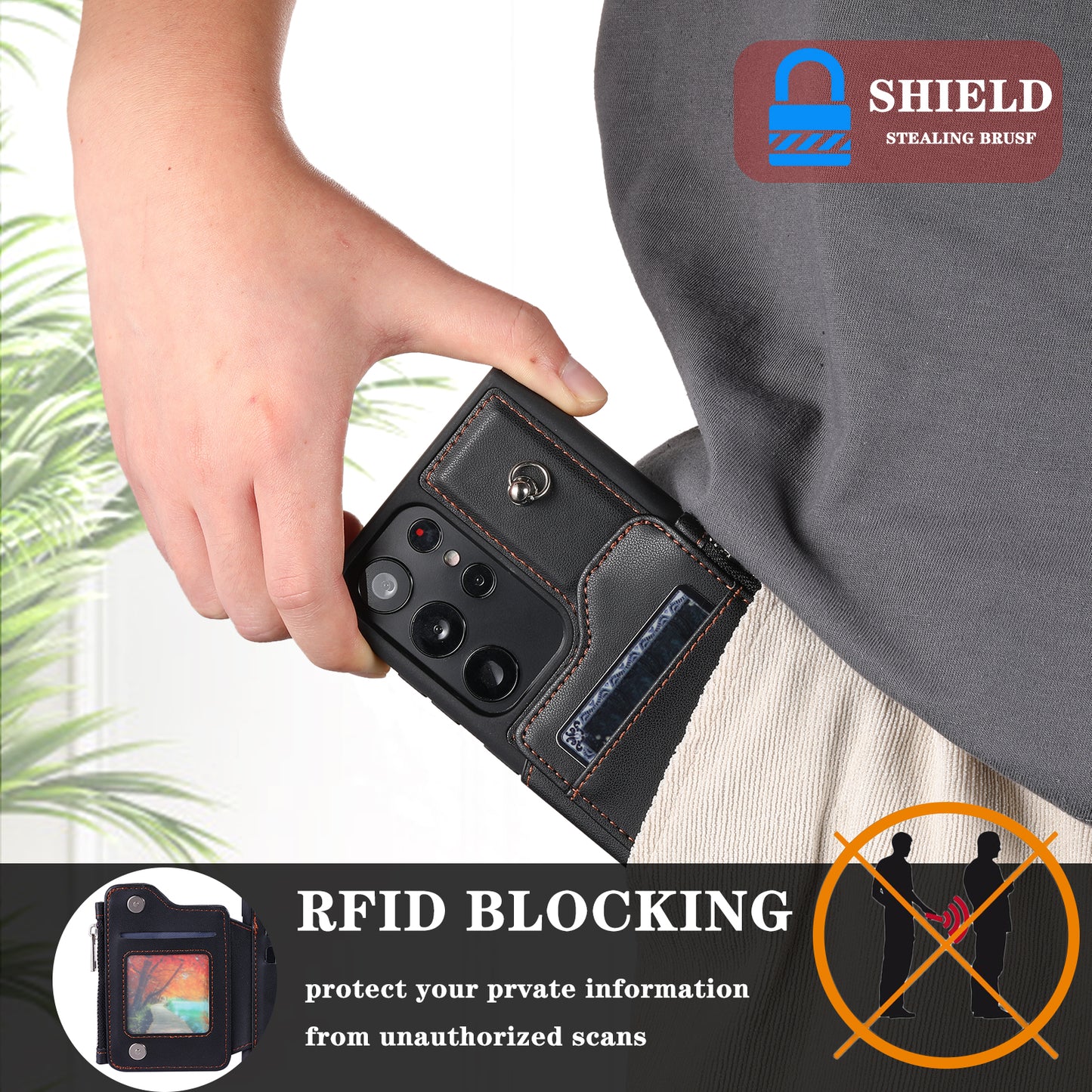 009 RFID Blocking Wallet Case for Samsung Galaxy S23 Ultra , PU Leather Coated TPU Kickstand Zipper Phone Cover with Straps