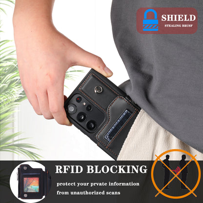 009 RFID Blocking Wallet Case for Samsung Galaxy S23 Ultra , PU Leather Coated TPU Kickstand Zipper Phone Cover with Straps