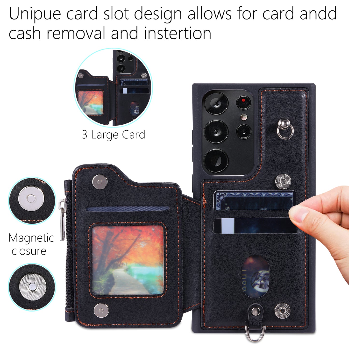 009 RFID Blocking Wallet Case for Samsung Galaxy S23 Ultra , PU Leather Coated TPU Kickstand Zipper Phone Cover with Straps