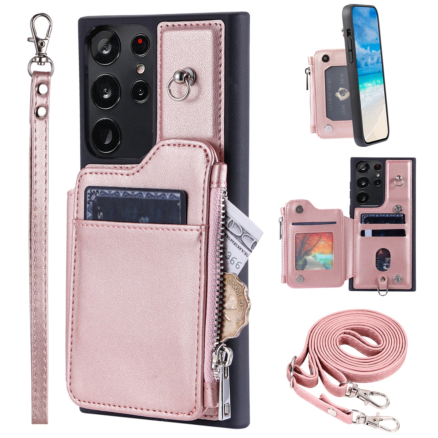 009 RFID Blocking Wallet Case for Samsung Galaxy S23 Ultra , PU Leather Coated TPU Kickstand Zipper Phone Cover with Straps