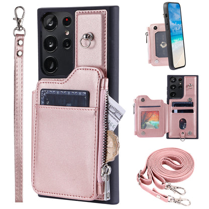 009 RFID Blocking Wallet Case for Samsung Galaxy S23 Ultra , PU Leather Coated TPU Kickstand Zipper Phone Cover with Straps