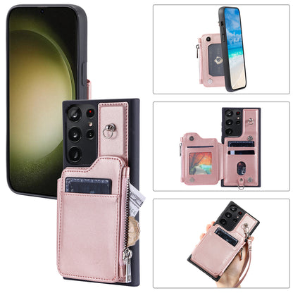 009 RFID Blocking Wallet Case for Samsung Galaxy S23 Ultra , PU Leather Coated TPU Kickstand Zipper Phone Cover with Straps