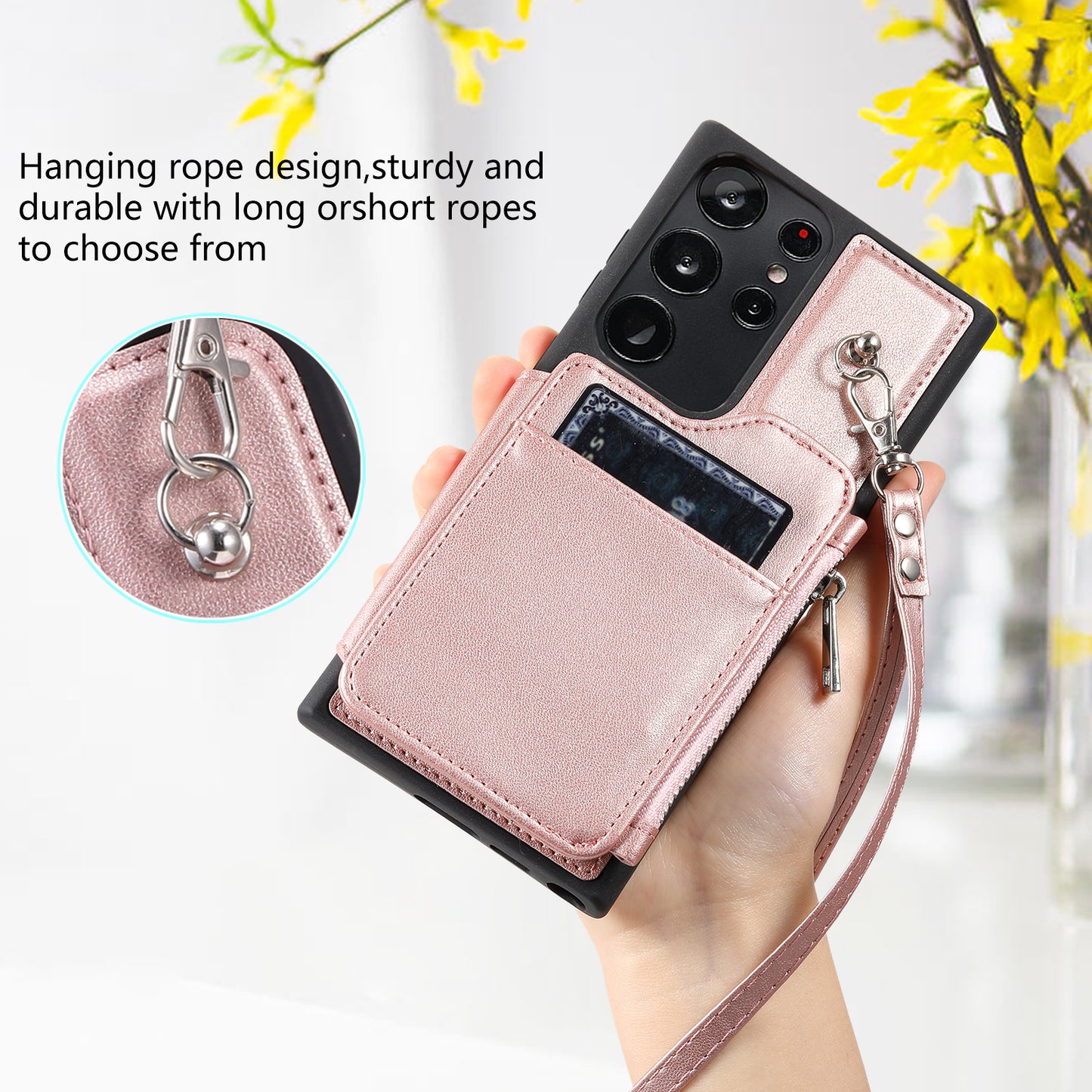009 RFID Blocking Wallet Case for Samsung Galaxy S23 Ultra , PU Leather Coated TPU Kickstand Zipper Phone Cover with Straps