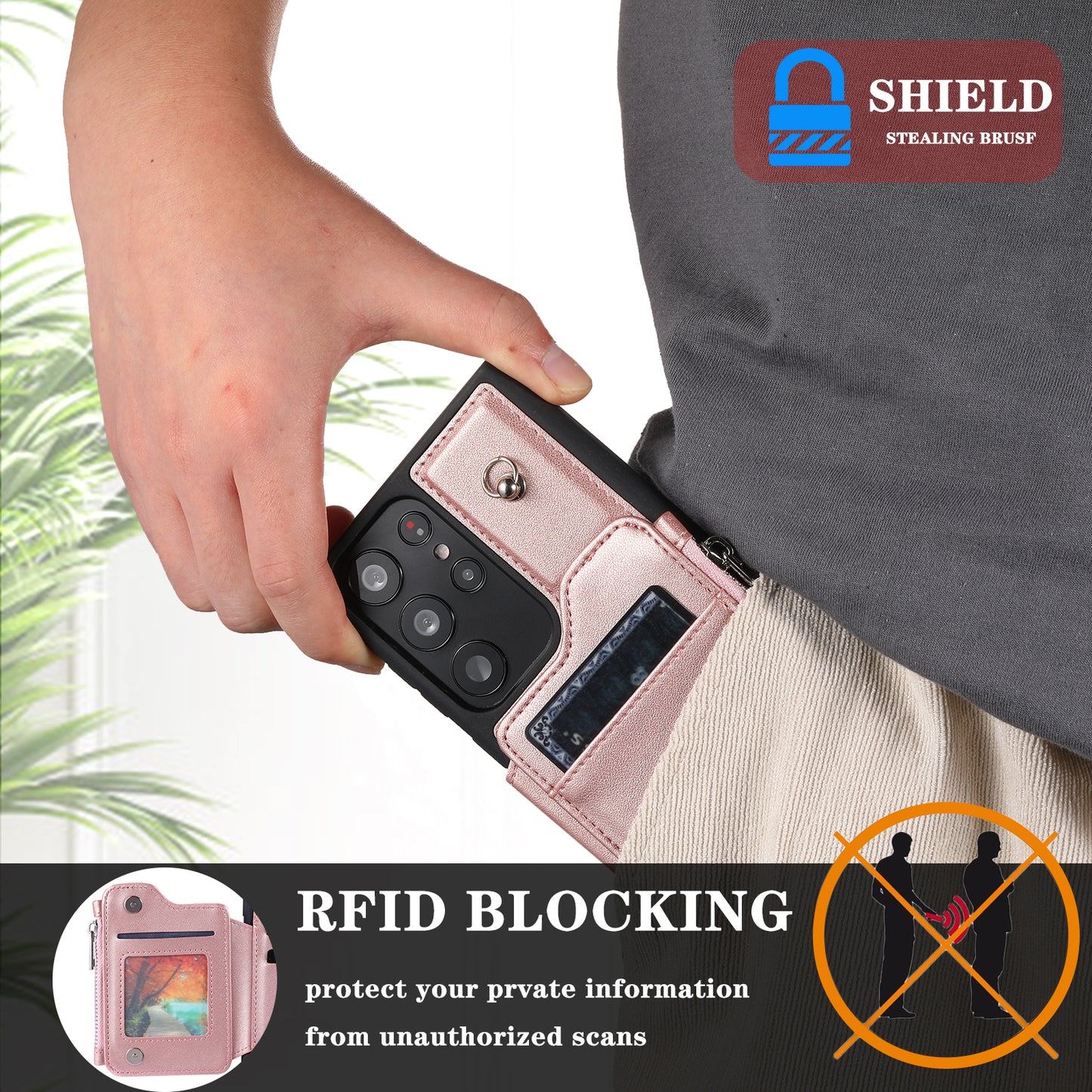 009 RFID Blocking Wallet Case for Samsung Galaxy S23 Ultra , PU Leather Coated TPU Kickstand Zipper Phone Cover with Straps