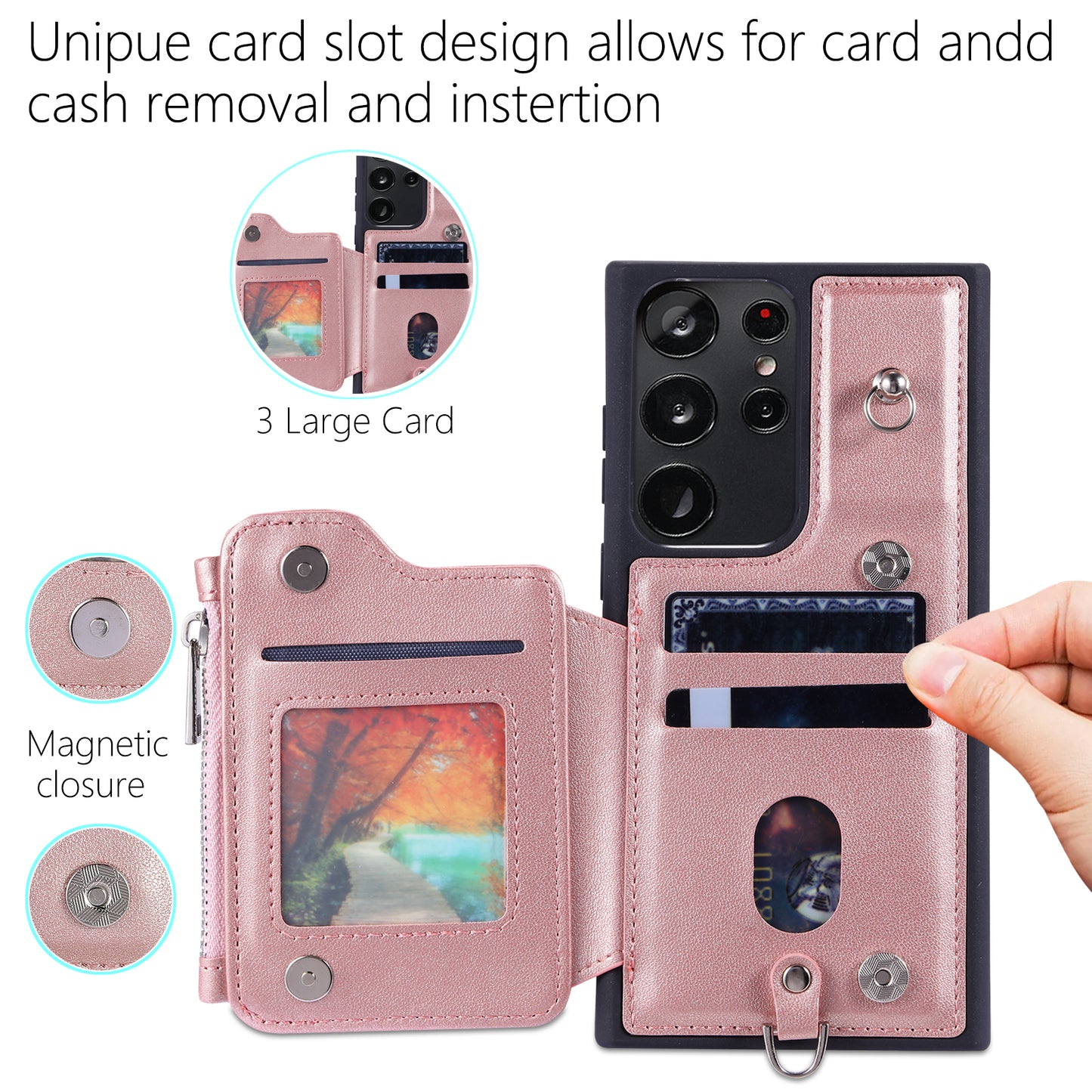 009 RFID Blocking Wallet Case for Samsung Galaxy S23 Ultra , PU Leather Coated TPU Kickstand Zipper Phone Cover with Straps