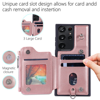 009 RFID Blocking Wallet Case for Samsung Galaxy S23 Ultra , PU Leather Coated TPU Kickstand Zipper Phone Cover with Straps