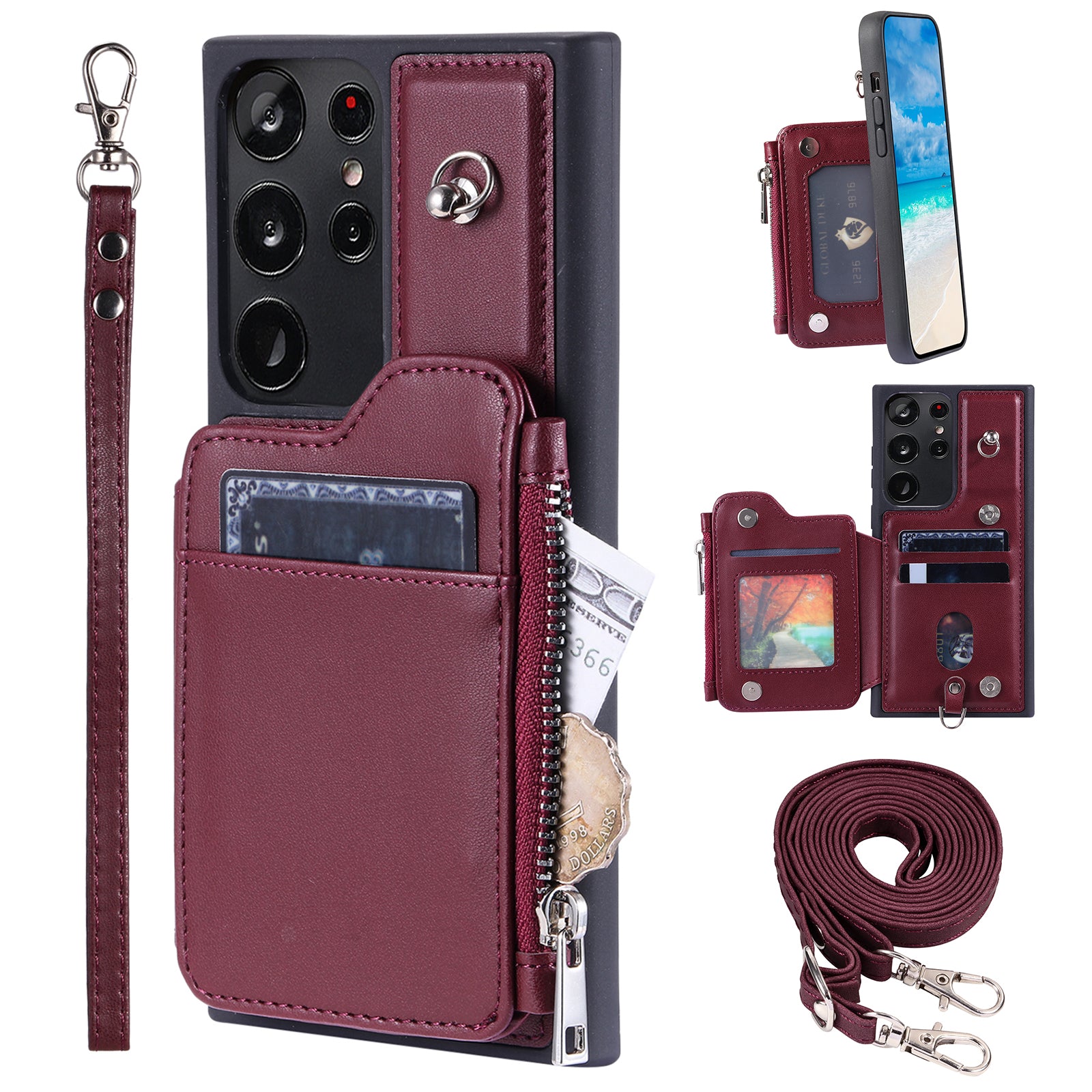 009 RFID Blocking Wallet Case for Samsung Galaxy S23 Ultra , PU Leather Coated TPU Kickstand Zipper Phone Cover with Straps