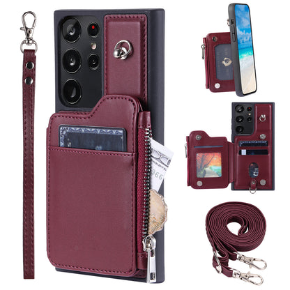 009 RFID Blocking Wallet Case for Samsung Galaxy S23 Ultra , PU Leather Coated TPU Kickstand Zipper Phone Cover with Straps