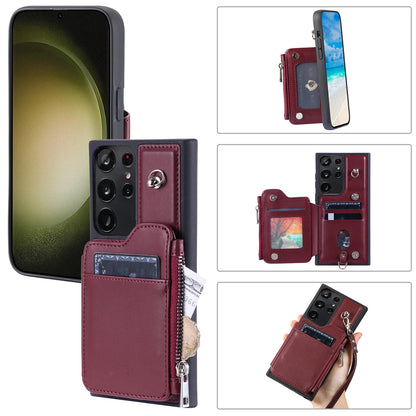 009 RFID Blocking Wallet Case for Samsung Galaxy S23 Ultra , PU Leather Coated TPU Kickstand Zipper Phone Cover with Straps