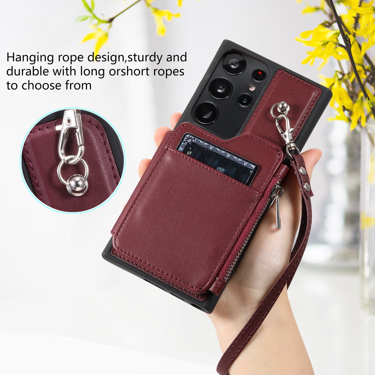 009 RFID Blocking Wallet Case for Samsung Galaxy S23 Ultra , PU Leather Coated TPU Kickstand Zipper Phone Cover with Straps