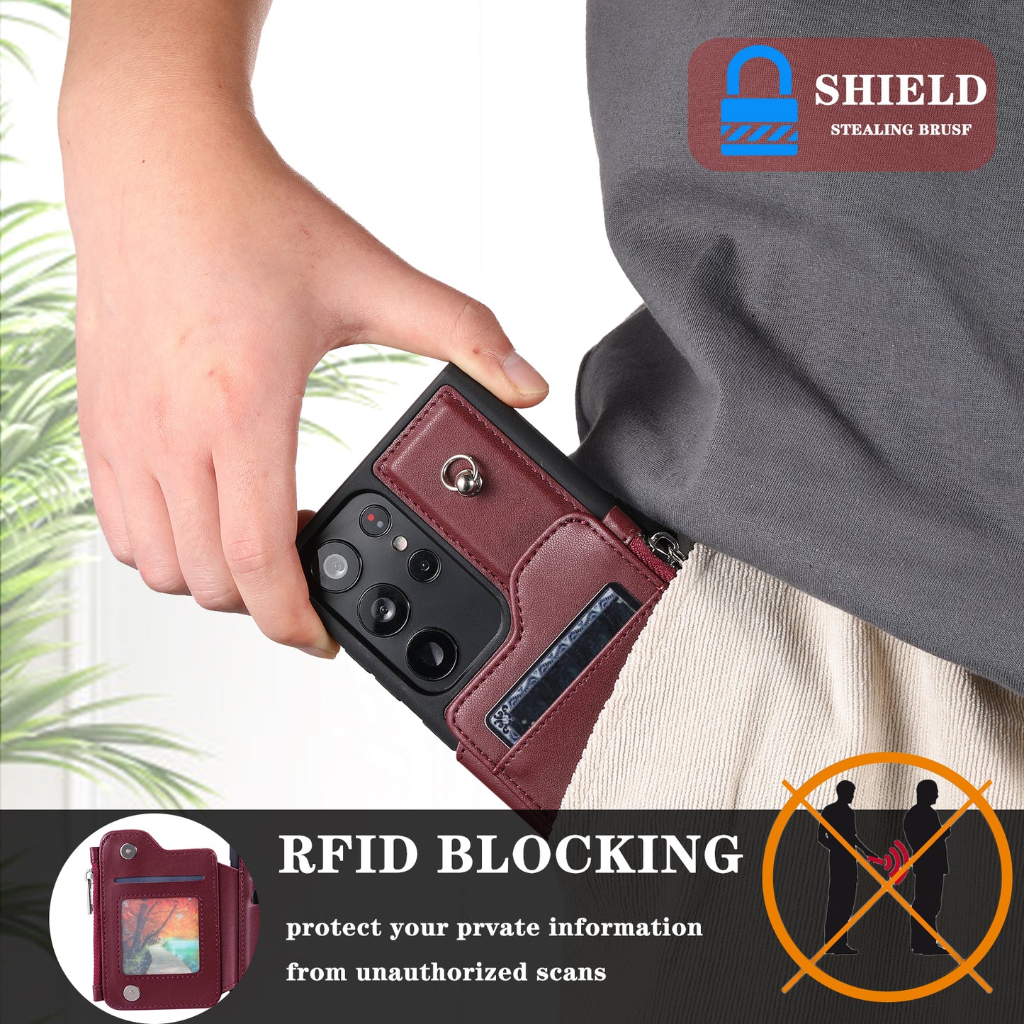 009 RFID Blocking Wallet Case for Samsung Galaxy S23 Ultra , PU Leather Coated TPU Kickstand Zipper Phone Cover with Straps