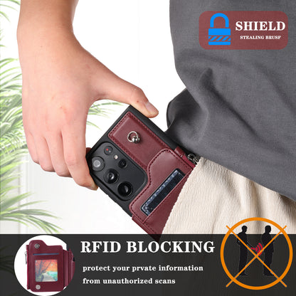 009 RFID Blocking Wallet Case for Samsung Galaxy S23 Ultra , PU Leather Coated TPU Kickstand Zipper Phone Cover with Straps