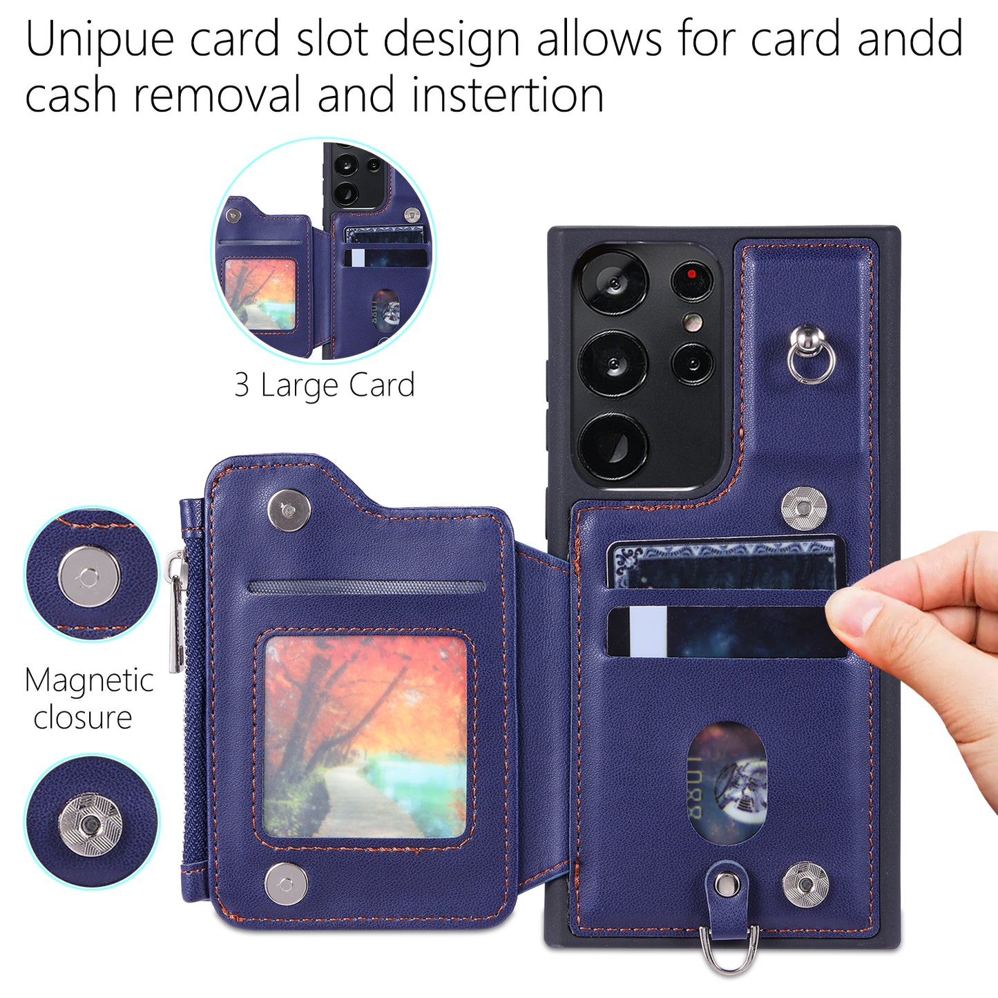 009 For Samsung Galaxy S23 Ultra Zipper Pocket Case Kickstand PU Leather Coated TPU RFID Blocking Wallet Phone Cover with Wrist Strap