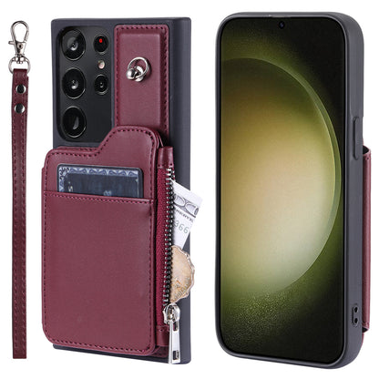 009 For Samsung Galaxy S23 Ultra Zipper Pocket Case Kickstand PU Leather Coated TPU RFID Blocking Wallet Phone Cover with Wrist Strap