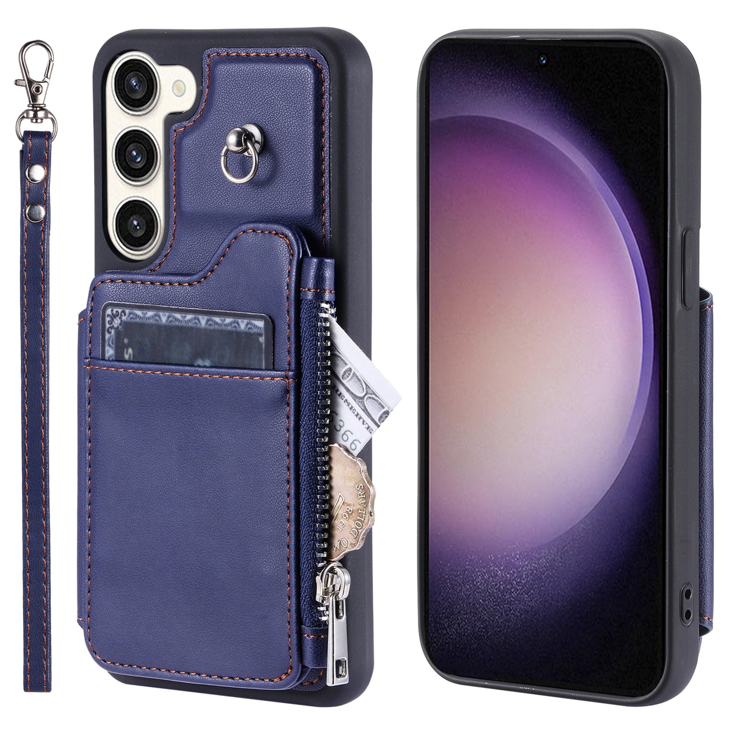 009 For Samsung Galaxy S23 RFID Blocking Zipper Phone Case PU Leather Coated TPU Wallet Kickstand Cover with Wrist Strap
