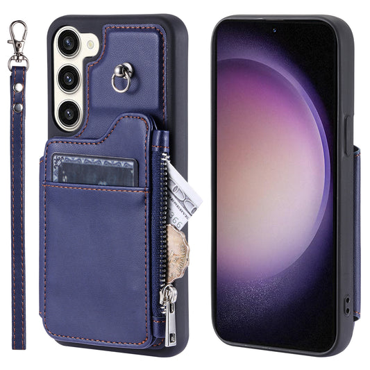 009 For Samsung Galaxy S23 RFID Blocking Zipper Phone Case PU Leather Coated TPU Wallet Kickstand Cover with Wrist Strap