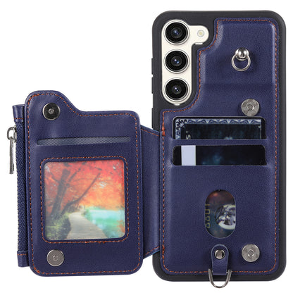 009 For Samsung Galaxy S23 RFID Blocking Zipper Phone Case PU Leather Coated TPU Wallet Kickstand Cover with Wrist Strap