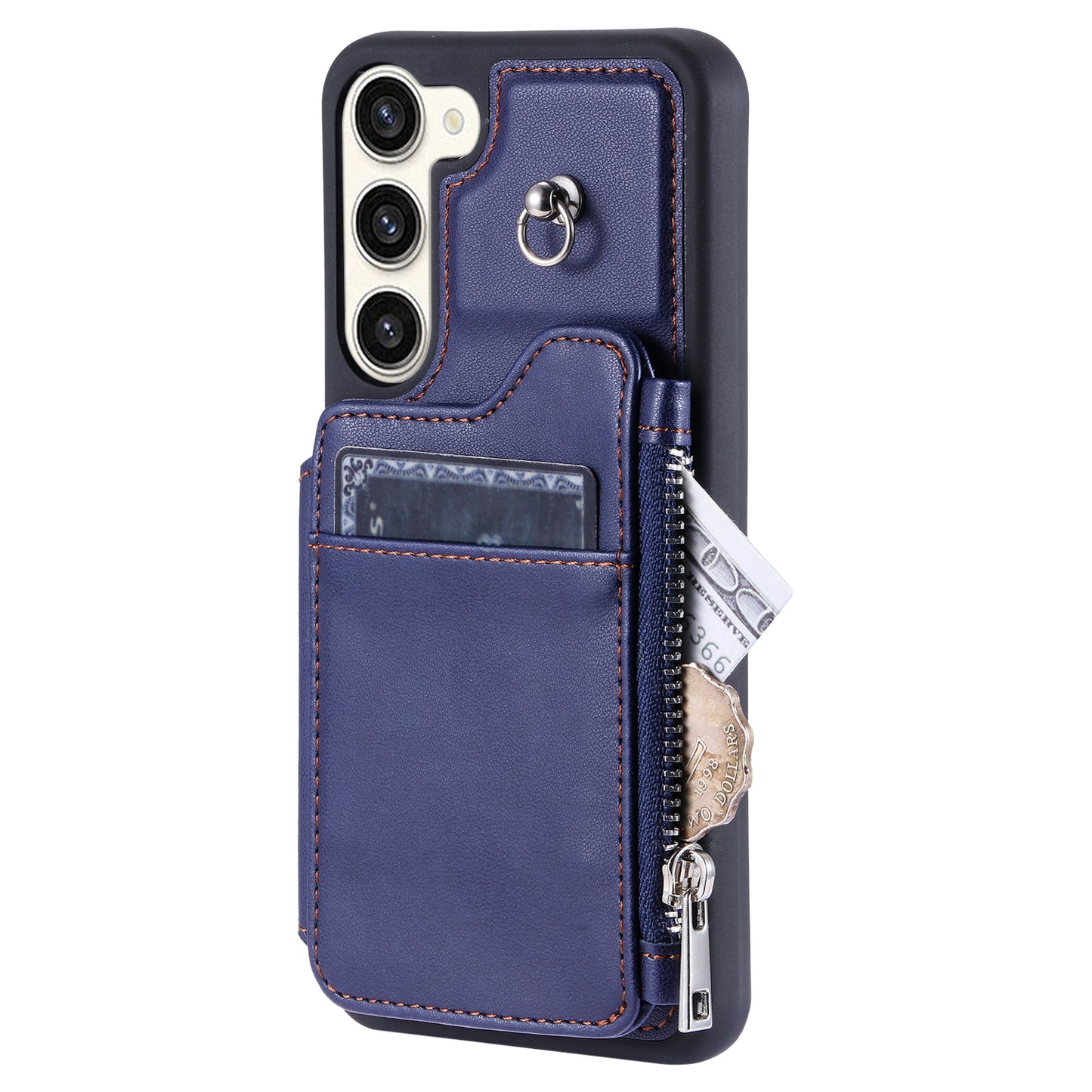 009 For Samsung Galaxy S23 RFID Blocking Zipper Phone Case PU Leather Coated TPU Wallet Kickstand Cover with Wrist Strap