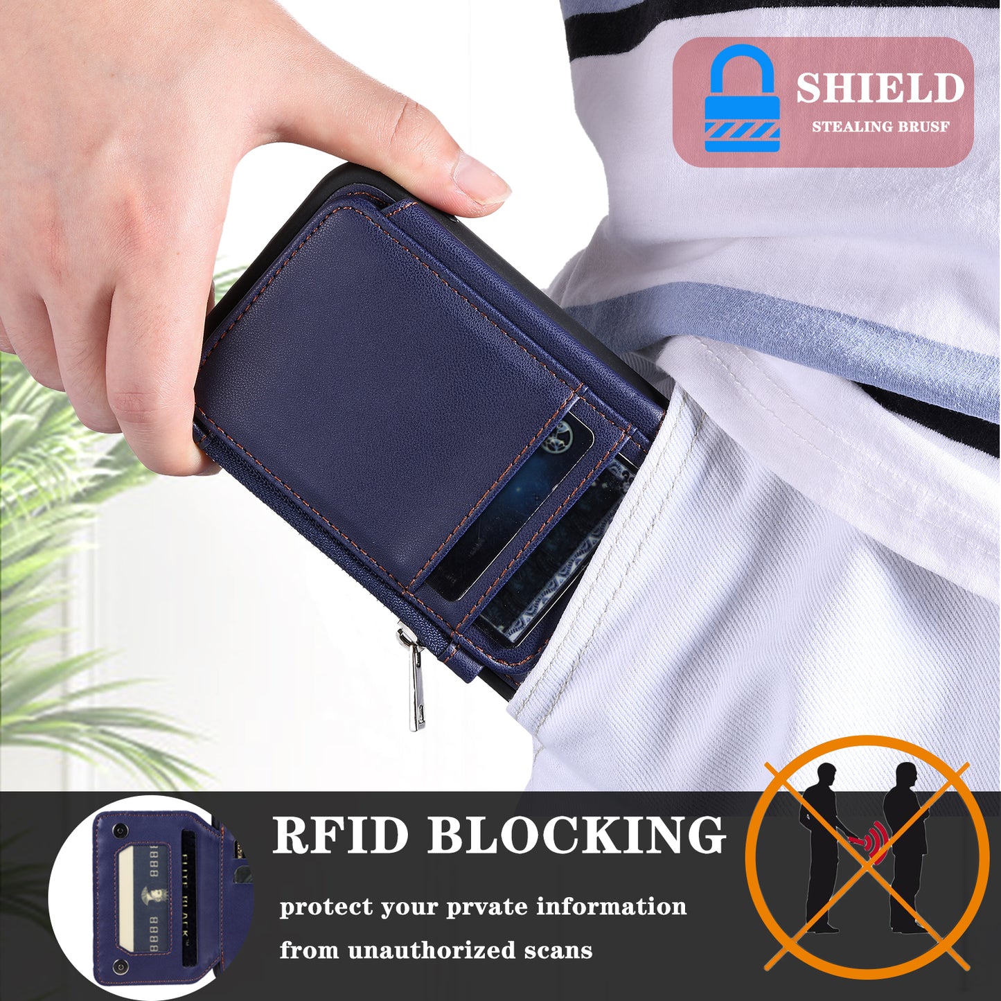 009 For Samsung Galaxy S23 RFID Blocking Zipper Phone Case PU Leather Coated TPU Wallet Kickstand Cover with Wrist Strap