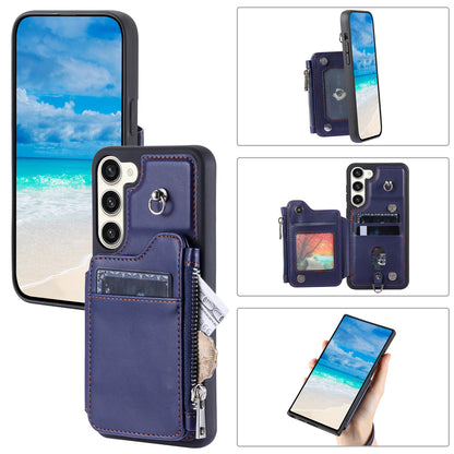 009 For Samsung Galaxy S23 RFID Blocking Zipper Phone Case PU Leather Coated TPU Wallet Kickstand Cover with Wrist Strap