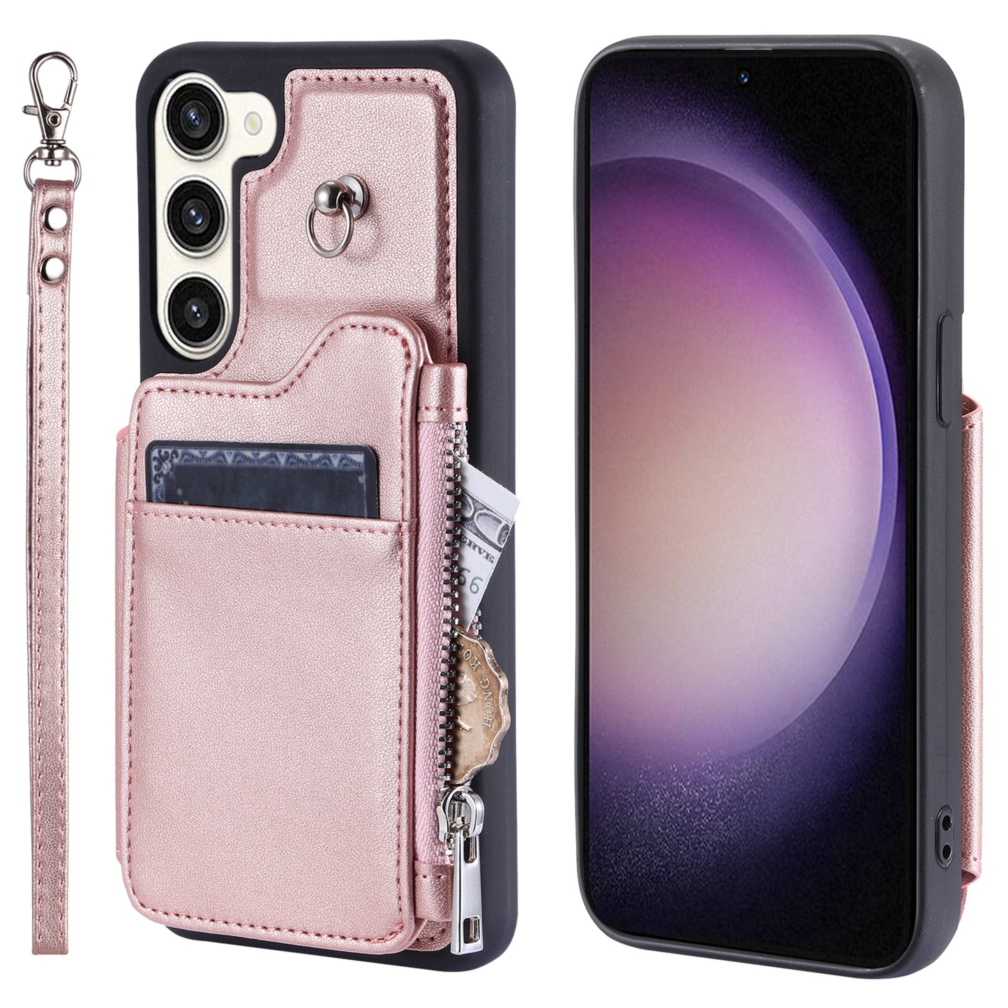 009 For Samsung Galaxy S23 RFID Blocking Zipper Phone Case PU Leather Coated TPU Wallet Kickstand Cover with Wrist Strap