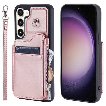 009 For Samsung Galaxy S23 RFID Blocking Zipper Phone Case PU Leather Coated TPU Wallet Kickstand Cover with Wrist Strap