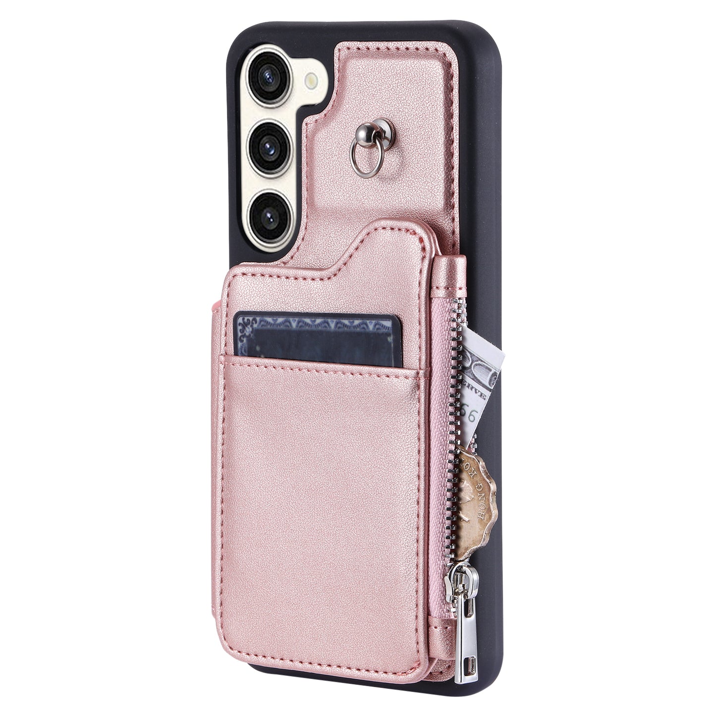 009 For Samsung Galaxy S23 RFID Blocking Zipper Phone Case PU Leather Coated TPU Wallet Kickstand Cover with Wrist Strap