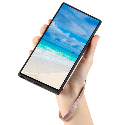 009 For Samsung Galaxy S23 RFID Blocking Zipper Phone Case PU Leather Coated TPU Wallet Kickstand Cover with Wrist Strap